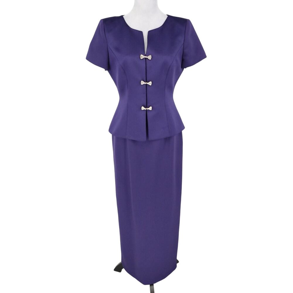 Alex Evenings Skirt Suit Petites 8P Blue Satin Rhinestone Formal Wedding Mob Mog